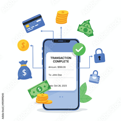 Mobile transaction complete with secure payment, money, and digital confirmation