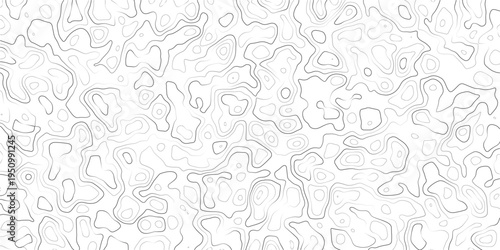 Abstract topographic map pattern with wavy lines and shapes on white background