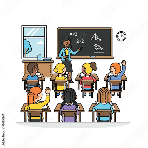 Teacher instructing students in a classroom, with some raising hands
