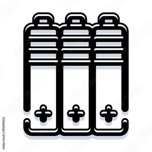 Three black and white alkaline batteries lined up on a white background, symbolizing portable energy, power sources, and the need for electricity in modern technology