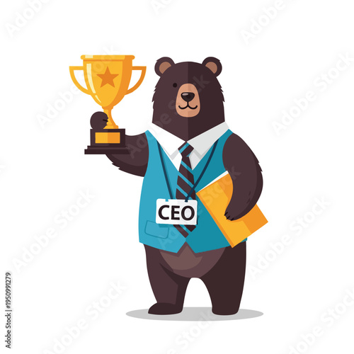 A triumphant bear in a vest and tie holds a golden trophy and folder, identified as CEO