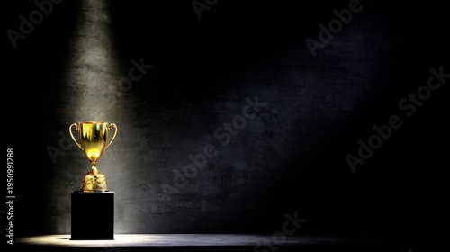 prestige. A polished gold trophy displayed on a velvet pedestal, dramatically lit against a black backdrop. event key visuals, club posters, designed for fitness apps and gym onboarding.
