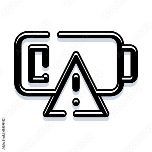 Battery icon displaying a triangular warning symbol and an exclamation mark, indicating low power, maintenance issues, or a critical system error requiring immediate attention or replacement