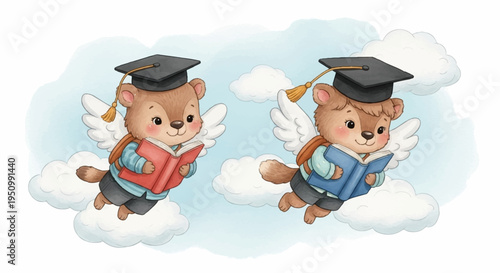 Two adorable cartoon hamsters in graduation caps reading books on clouds symbolizing education and learning