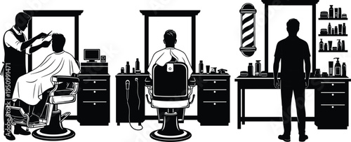Barbershop Interior and Barber Cutting Hair Silhouette Vector Illustration Set with Barber Chair Mirror Tools and Grooming Equipment Vintage Salon Concept