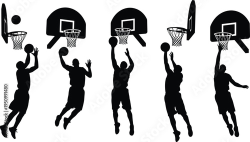 Basketball Player Dunk and Layup Silhouette Set Vector Illustration Athletes Jumping to Score at Hoop Sports Action Collection Isolated Design
