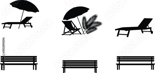 Beach Lounge Chair and Park Bench Silhouette Set Vector Illustration Outdoor Furniture Collection with Umbrella Relaxation and Vacation Elements