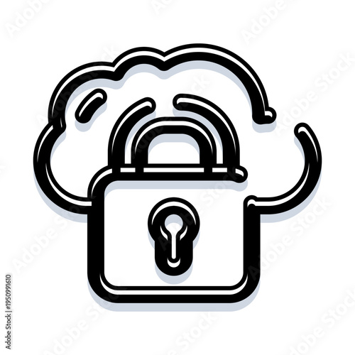 Padlock icon integrated with a cloud silhouette and keyhole representing secure cloud storage, encryption, access control, and digital privacy for online and network protection