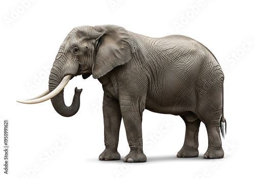 Large pachyderm with prominent tusks stands in profile against a white background