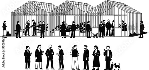 People Visiting Greenhouse Garden Center Silhouette Vector Illustration Crowd at Plant Nursery Pavilion Botanical Market Outdoor Lifestyle Scene Collection