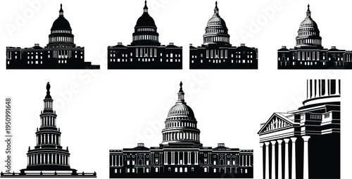 Set of United States Capitol building silhouettes with different angles and architectural views representing American government landmark and political institution.