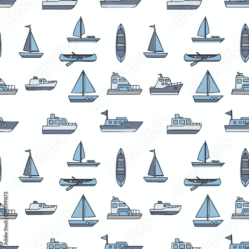 Repeating pattern of various stylized cartoon boats on a white background
