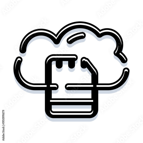 Cloud icon with data file and network lines representing online backup, cloud storage, remote server hosting, synchronized data transfer and secure internet connectivity