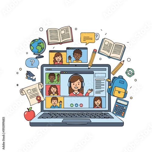 A laptop displays a video call with students and teacher, surrounded by school items