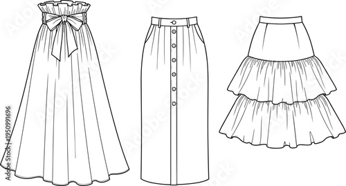 Set of women skirt fashion technical drawings including maxi bow waist, button front pencil, and tiered ruffle skirts flat vector template illustration