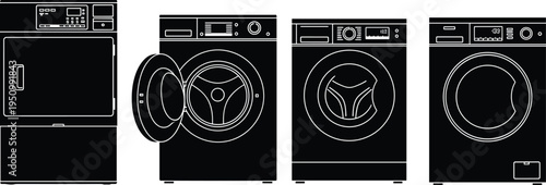 Washing Machine and Dryer Silhouette Set Vector Illustration Laundry Appliances Collection with Front Load Washer and Tumble Dryer Household Equipment