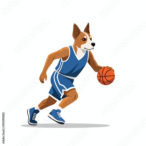 Anthropomorphic dog in blue basketball uniform dribbles orange ball on white background