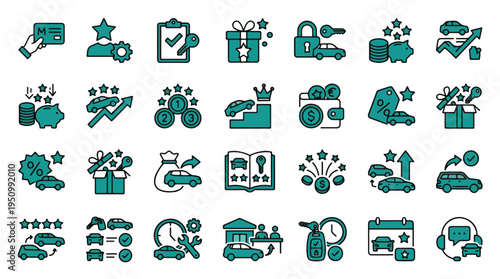 Car dealership and rental icon set. Automotive, sales, leasing, service, repair, maintenance, financing, trade-in, customer support, loyalty, insurance, transport, fleet, keys, money