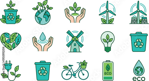 Eco sustainability icons set with recycling renewable energy green lifestyle environmental protection nature conservation vector illustration collection