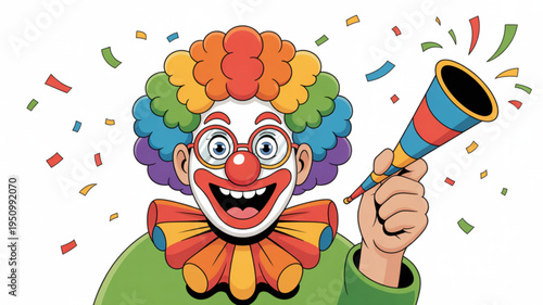 Colorful clown celebrating with confetti and party horn joyful carnival performer with rainbow hair