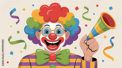 Happy clown with colorful hair holding party horn and celebrating with confetti and ribbons on beige background