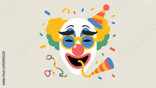 Colorful clown face with party hat and horn surrounded by confetti and streamers on beige background