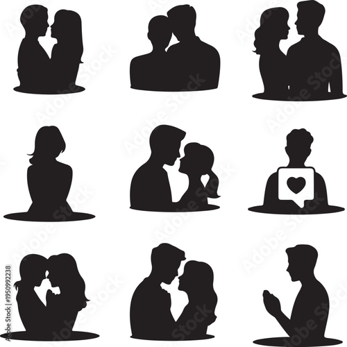 set of black silhouettes of couples and single people kissing or showing love