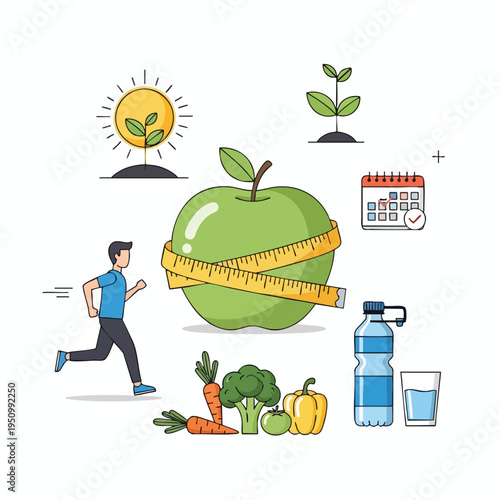 A man runs, an apple with tape measure, vegetables, water, and a calendar, signifying health