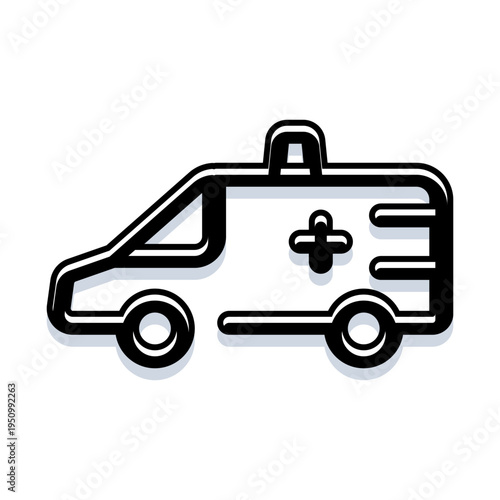Ambulance vehicle with a medical cross and emergency light on top, featuring a bold black outline and subtle shadow, representing urgent healthcare assistance and first responder services