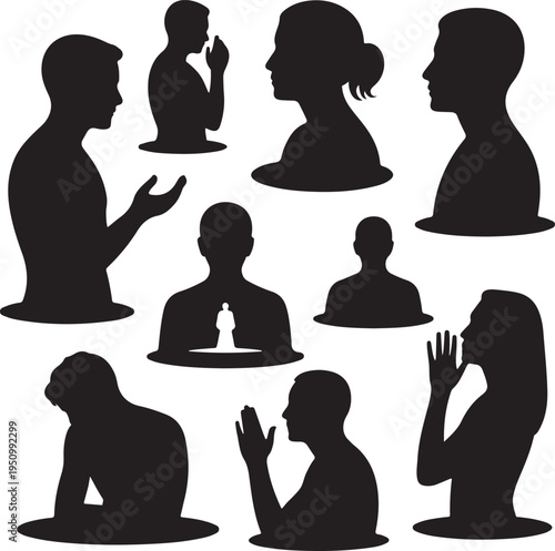 Set of black silhouette profiles people communicating and interacting