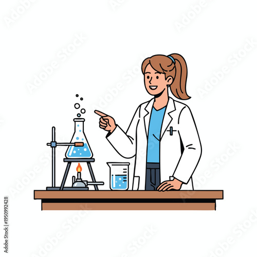 Scientist in lab coat demonstrates bubbling experiment with flask over burner