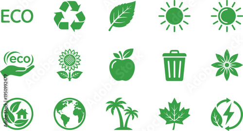 Eco and recycling icons set with green leaves sun nature sustainability organic environment ecology symbol vector illustration collection