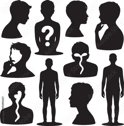 set of black silhouettes of men in various poses and expressions on white background