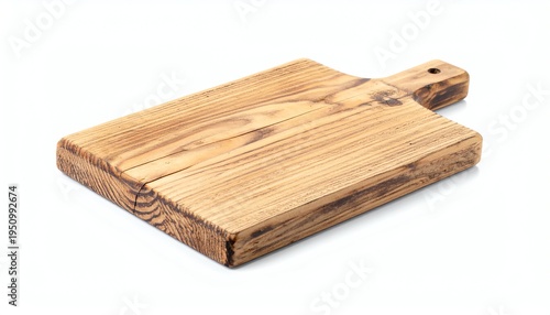 Rustic wooden kitchen cutting board displayed on white background, perfect for food preparation, serving, home decor, or restaurant presentation, natural and textured.