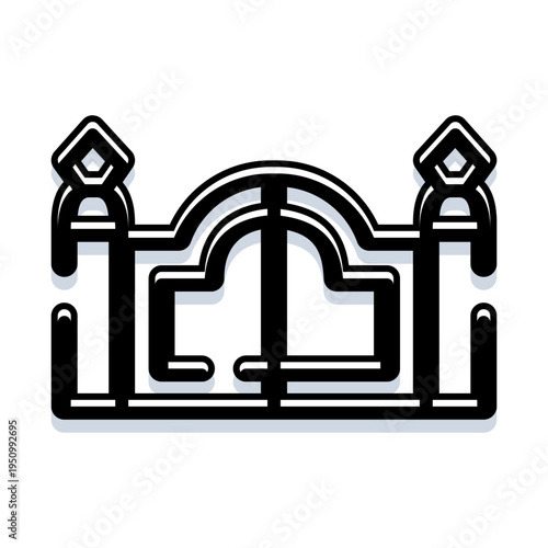 Decorative metal gate icon in black and white, elegant ornate iron fence symbol representing a secure entrance, private boundary and classic residential or garden access point