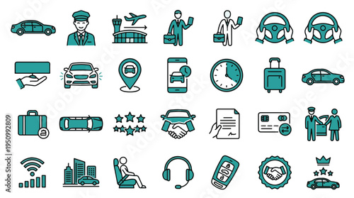 Car rental service icon set. Transportation, taxi, luxury, transport, airport, travel, driver, business, vehicle, mobile app, booking, automobile, ride icons. Flat vector illustrations.
