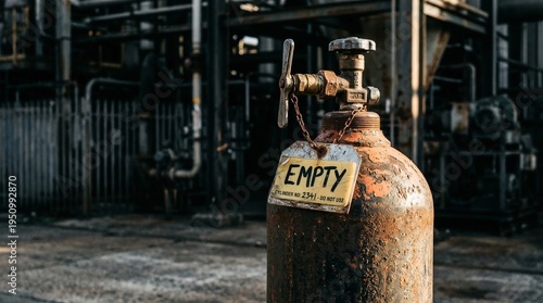 Canvastavla Close-up of a rusty empty LPG gas cylinder with “Empty” sign tag, industrial bac