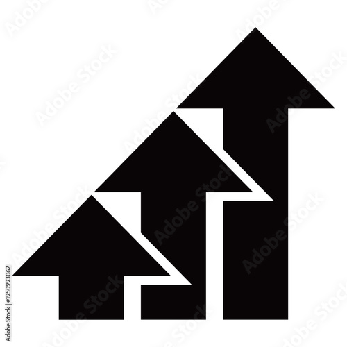 階段状に重なる3つの上昇矢印のビジネスアイコン（ステップアップ・成長・段階的発展・モノクロ・シルエット）