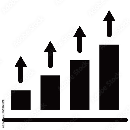 棒グラフと上昇矢印のビジネスアイコン（成長・実績・ポテンシャル・モノクロ・シルエット）