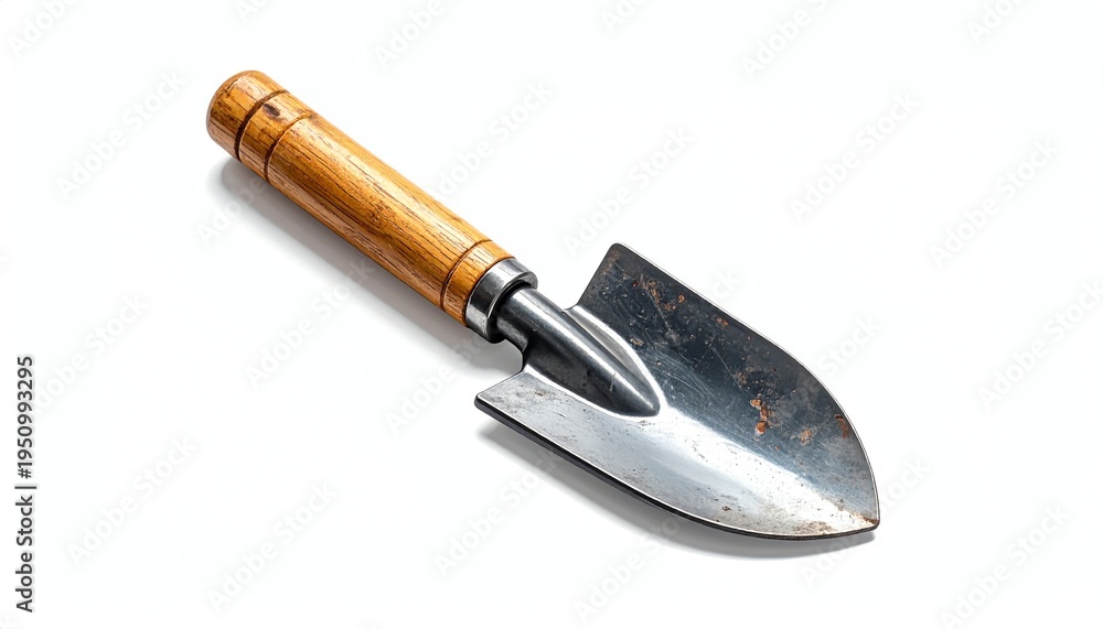 Fototapeta premium Simple wooden handle garden trowel rests on white, ideal for planting, digging, and cultivating in modern outdoor gardening projects.