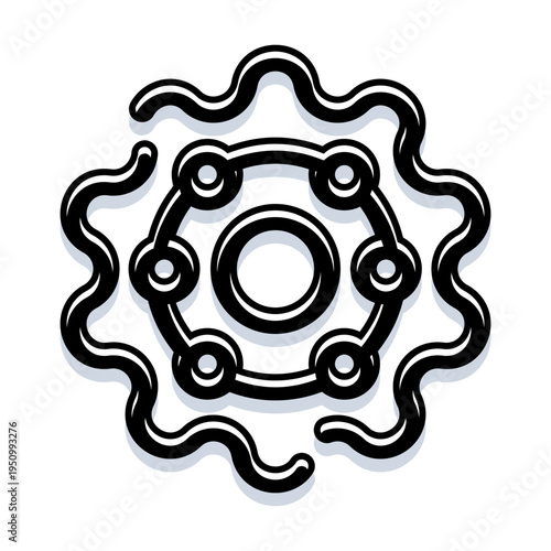 Abstract black and white line art depicting a complex wavy network icon, representing digital connections, data flow, and modern technological interconnectedness in a clean design