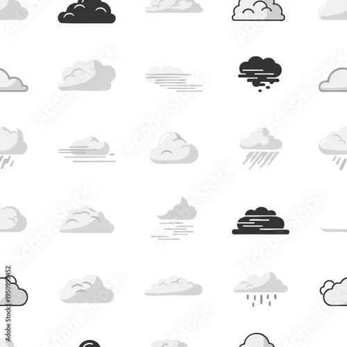 A seamless pattern of diverse cloud icons in various shades of gray