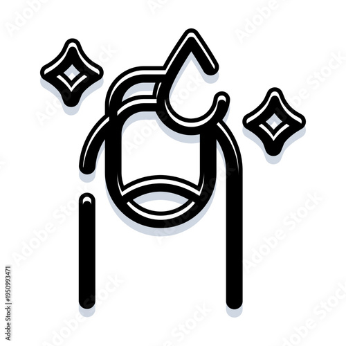 Finger receiving a shimmering drop of nail polish, minimalist outline icon representing manicure, nail care, beauty treatment, grooming, spa and personal hygiene
