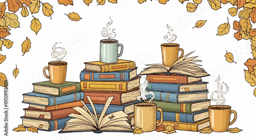 Cozy autumnal scene with steaming coffee mugs on stacks of books surrounded by fallen leaves