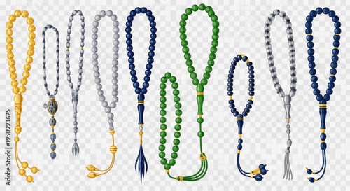 Colorful prayer beads in various styles and materials on transparent background for spiritual or religious use