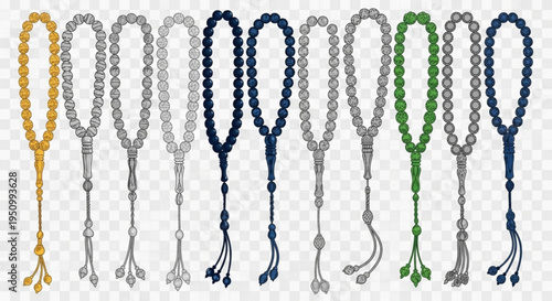Colorful tasbih beads in various shades and designs on transparent background for islamic prayer or meditation