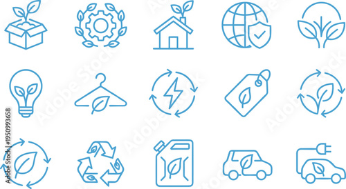 Eco sustainability and renewable energy line icons set with recycling electric car green technology vector collection