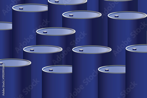 Rows of Blue Industrial Oil Barrels and Metal Drums Background Vector Illustration
