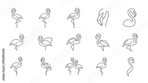 Set of minimalist flamingo line art icons on white background