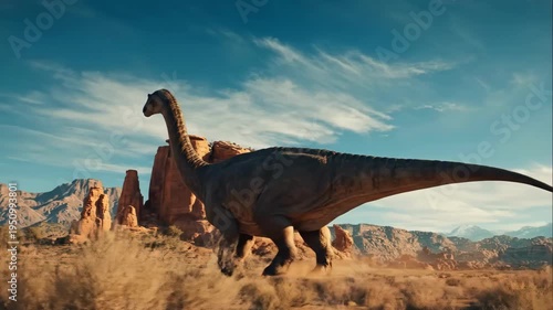 A majestic dinosaur walks through a desolate desert landscape under a bright blue sky
